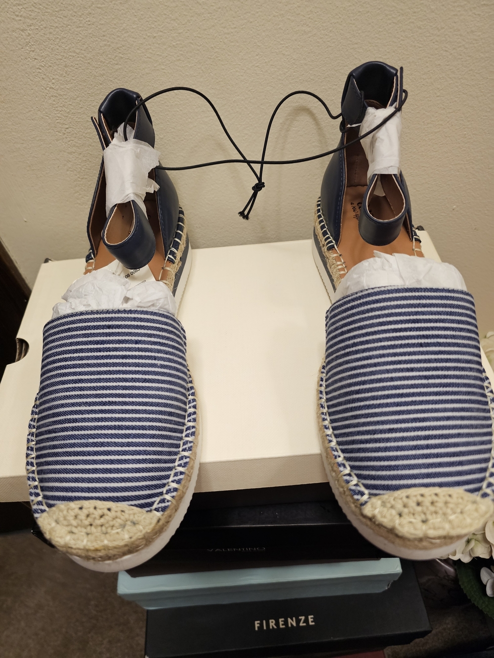 a.n.a Blue and White Striped Espadrille Lace-Up Flats